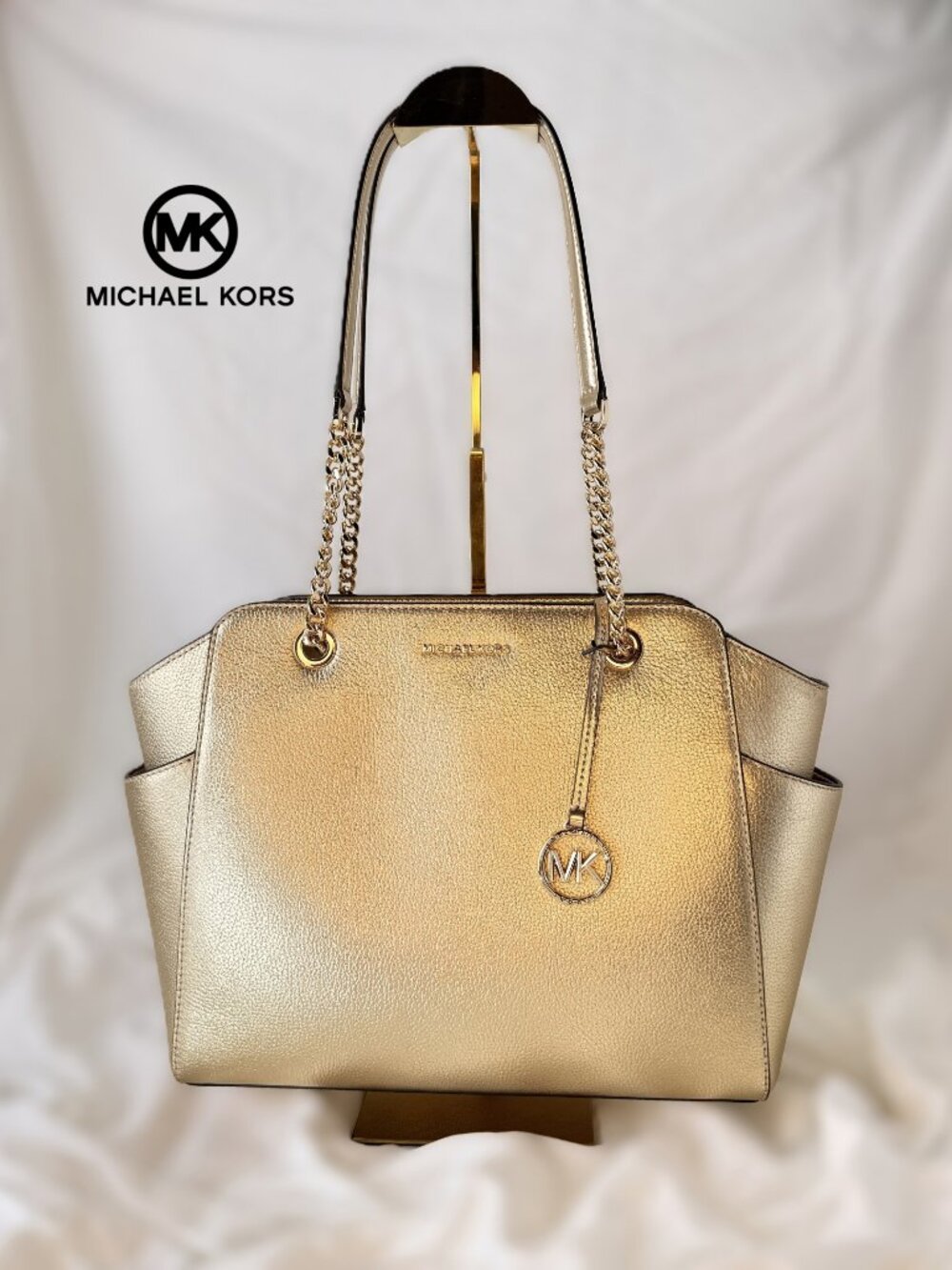 Michael Kors Jacquelyn Medium Gold Metallic Pebbled Leather Tote Purse Bag